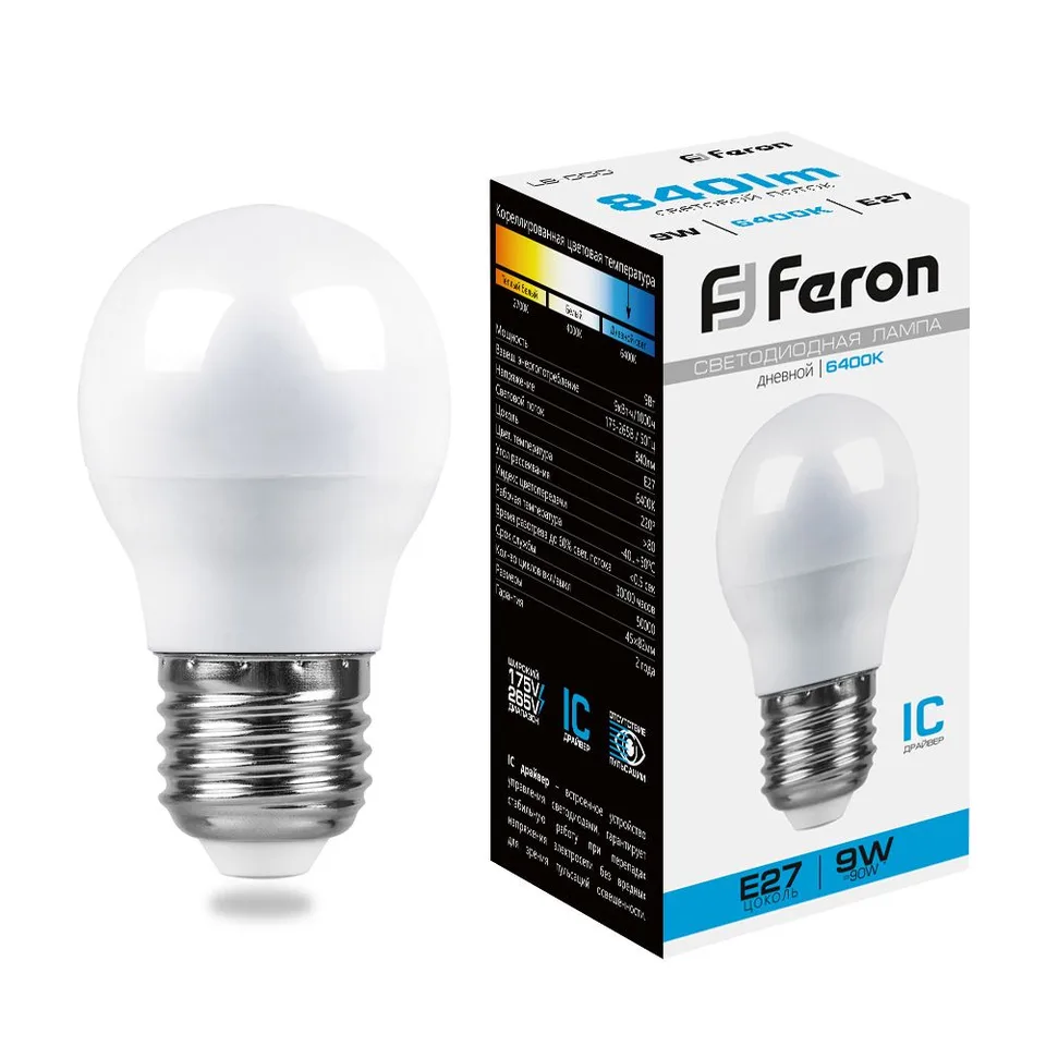 Лампа светодиодная, (9W) 230V E27 6400K G45, LB-550 Feron