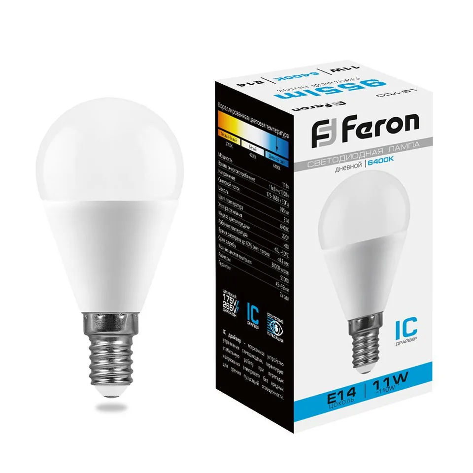 Лампа светодиодная, (11W) 230V E14 6400K G45, LB-750 Feron