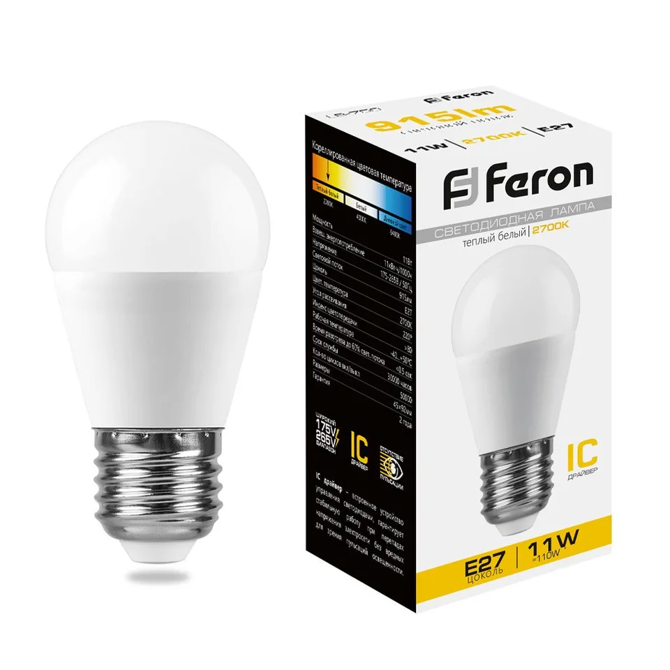 Лампа светодиодная, (11W) 230V E27 2700K G45, LB-750 Feron