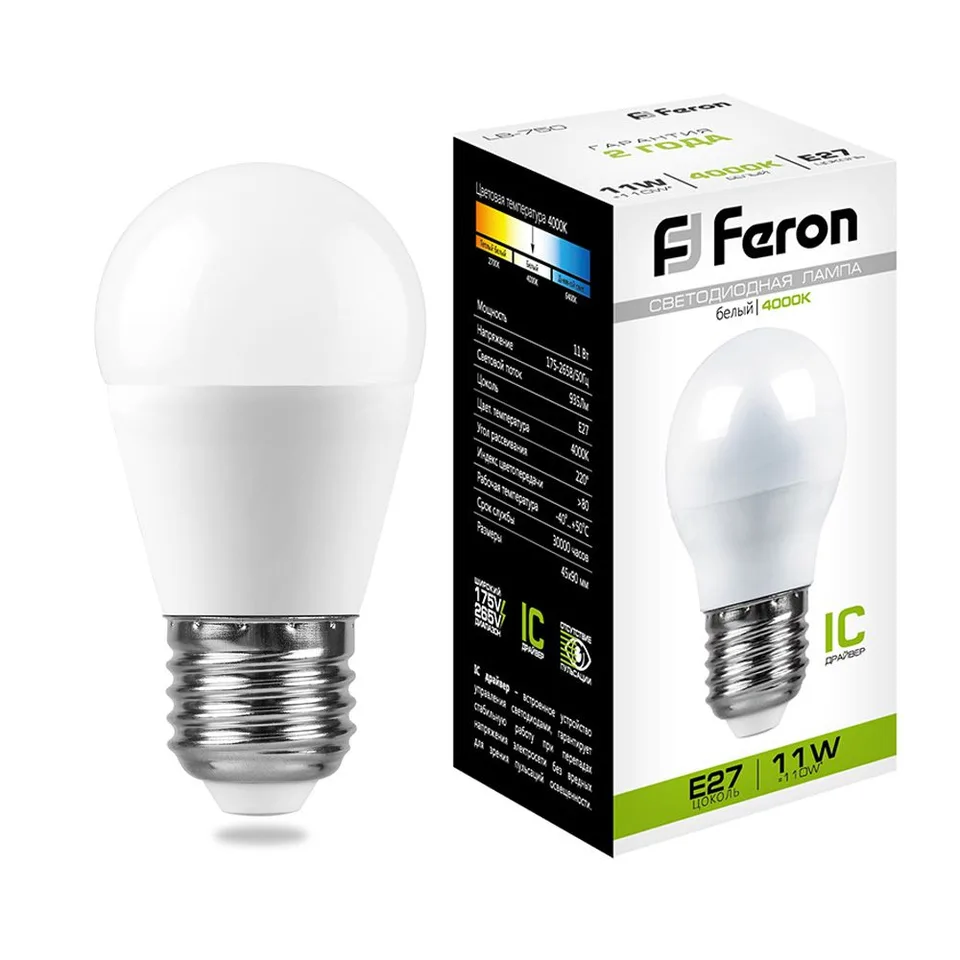 Лампа светодиодная, (11W) 230V E27 4000K G45, LB-750 Feron