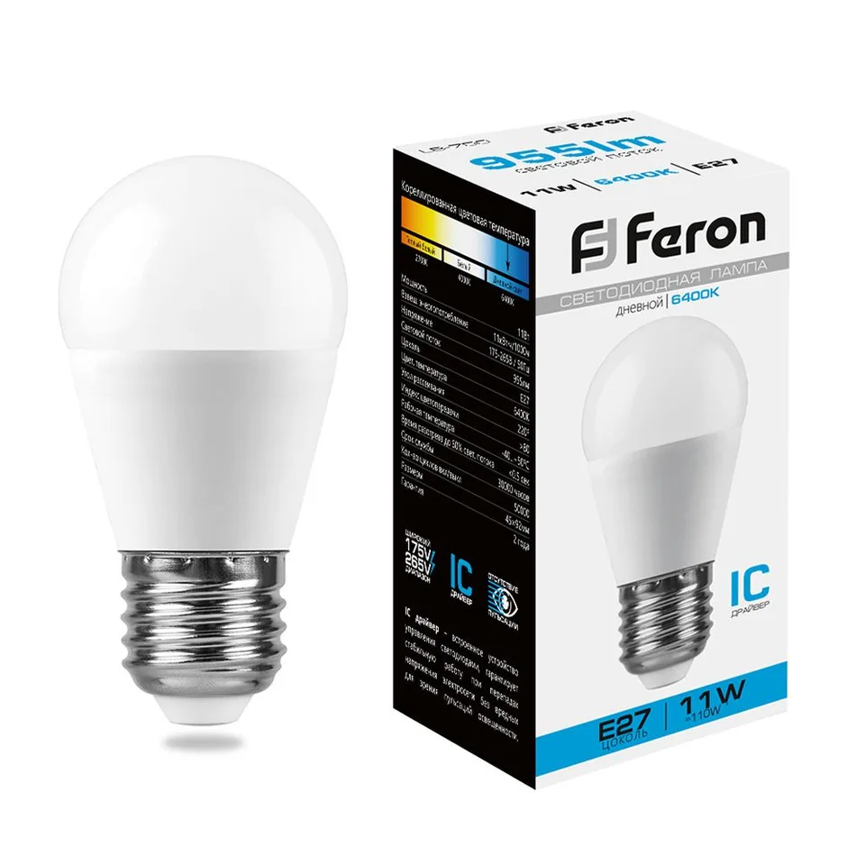 Лампа светодиодная, (11W) 230V E27 6400K G45, LB-750 Feron