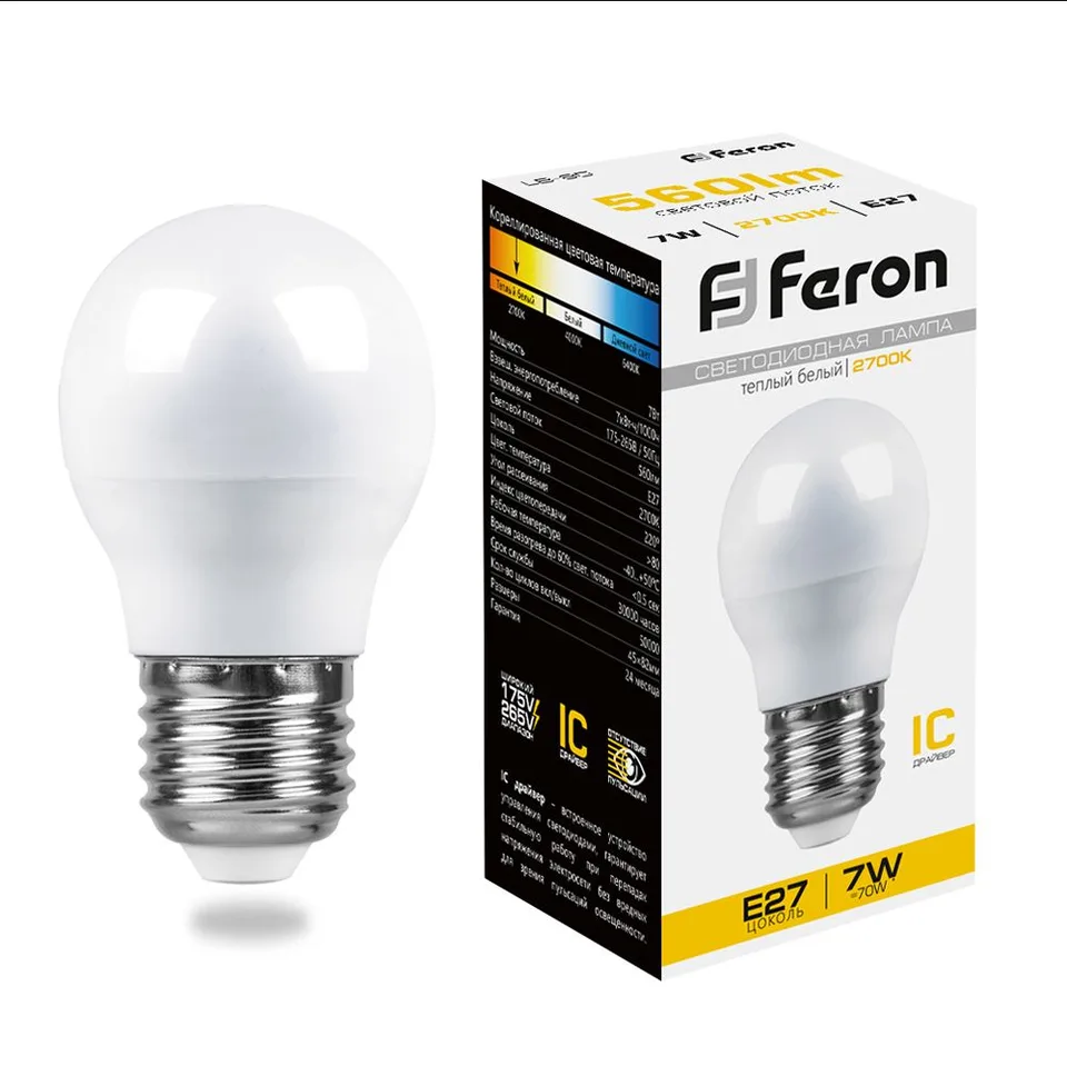 Лампа светодиодная, (7W) 230V E27 2700K G45, LB-95 Feron