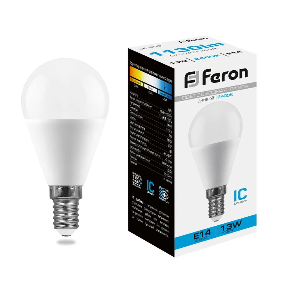 Лампа светодиодная, (13W) 230V E14 6400K G45, LB-950 Feron