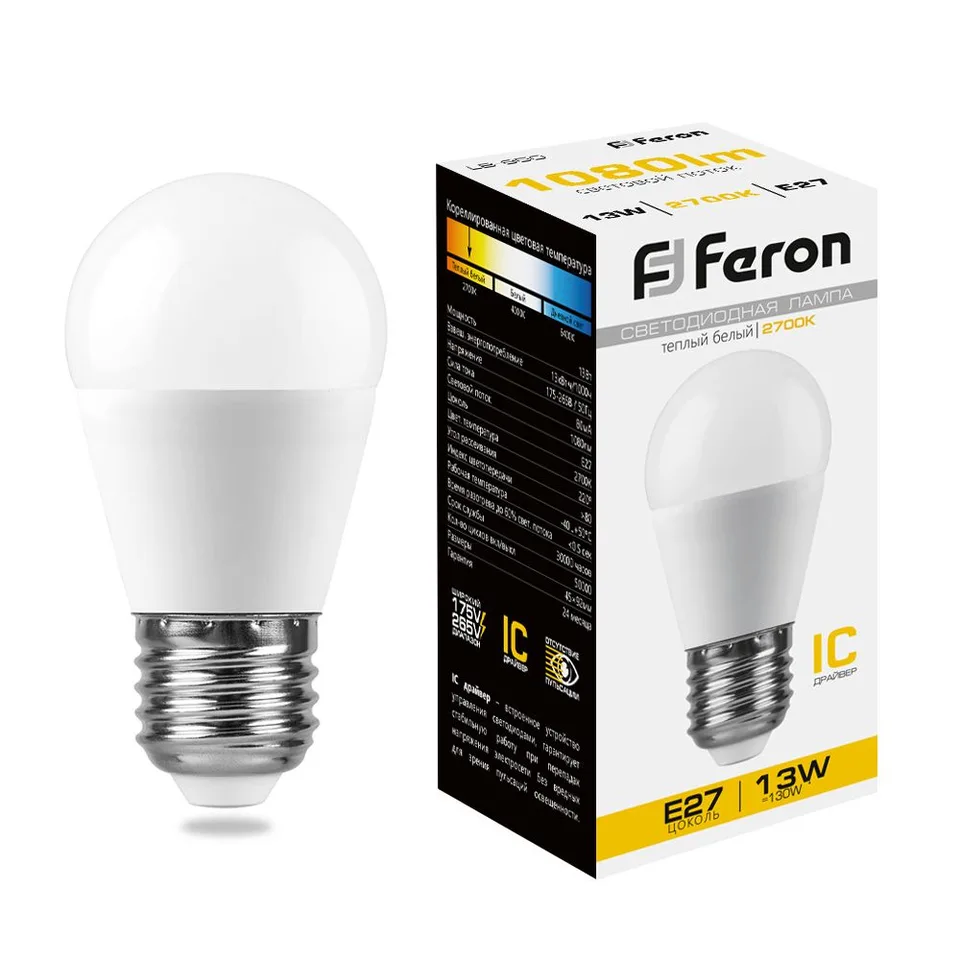 Лампа светодиодная, (13W) 230V E27 2700K G45, LB-950 Feron