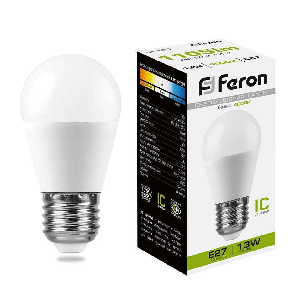 Лампа светодиодная, (13W) 230V E27 4000K G45, LB-950 Feron