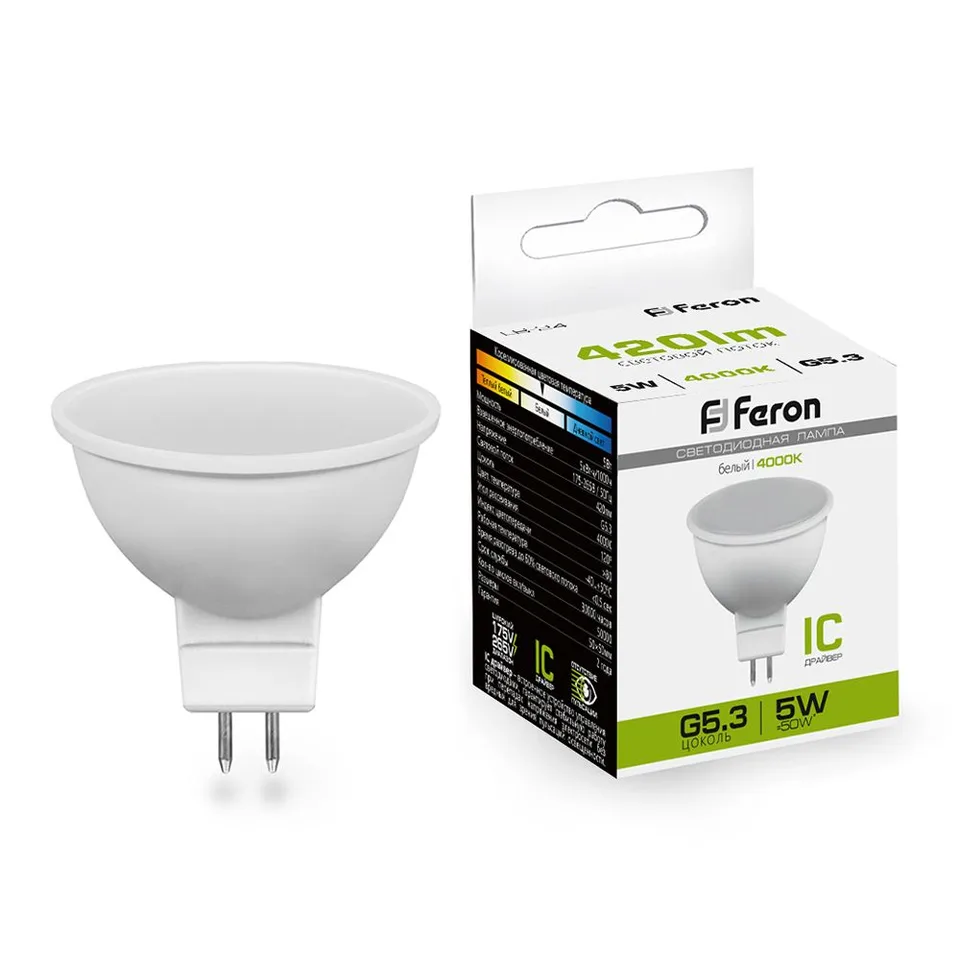 Лампа светодиодная, (5W) 230V G5.3 4000K MR16, LB-24 Feron