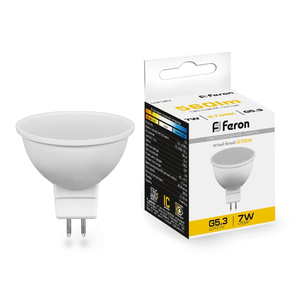 Лампа светодиодная, (7W) 230V G5.3 2700K MR16, LB-26 Feron
