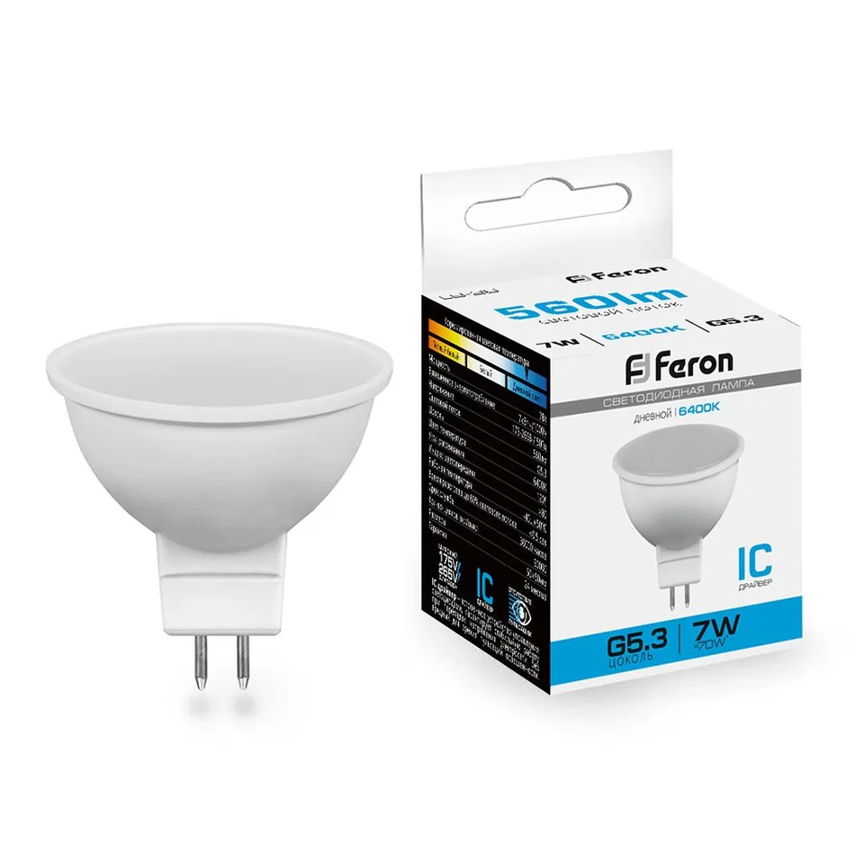 Лампа светодиодная, 80LED (7W) 230V G5.3 6400K MR16, LB-26 Feron