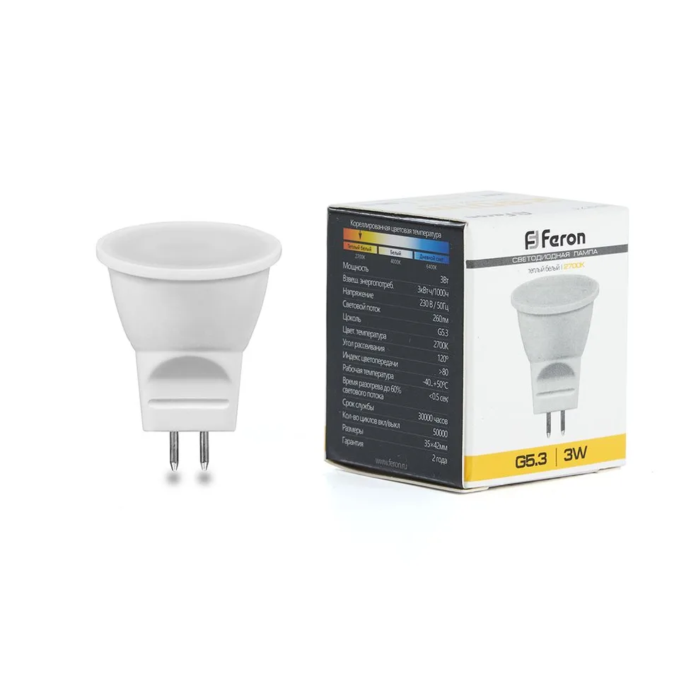 Лампа светодиодная, (3W) 230V G5.3 2700K MR11, LB-271 Feron