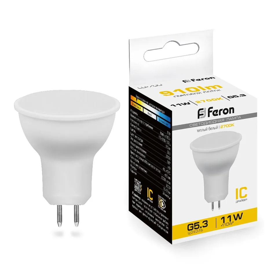 Лампа светодиодная, (11W) 230V G5.3 2700K MR16, LB-760 Feron