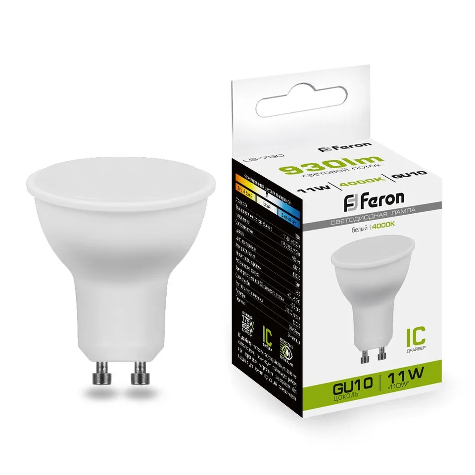 Лампа светодиодная, (11W) 230V GU10 4000K MR16, LB-760 Feron