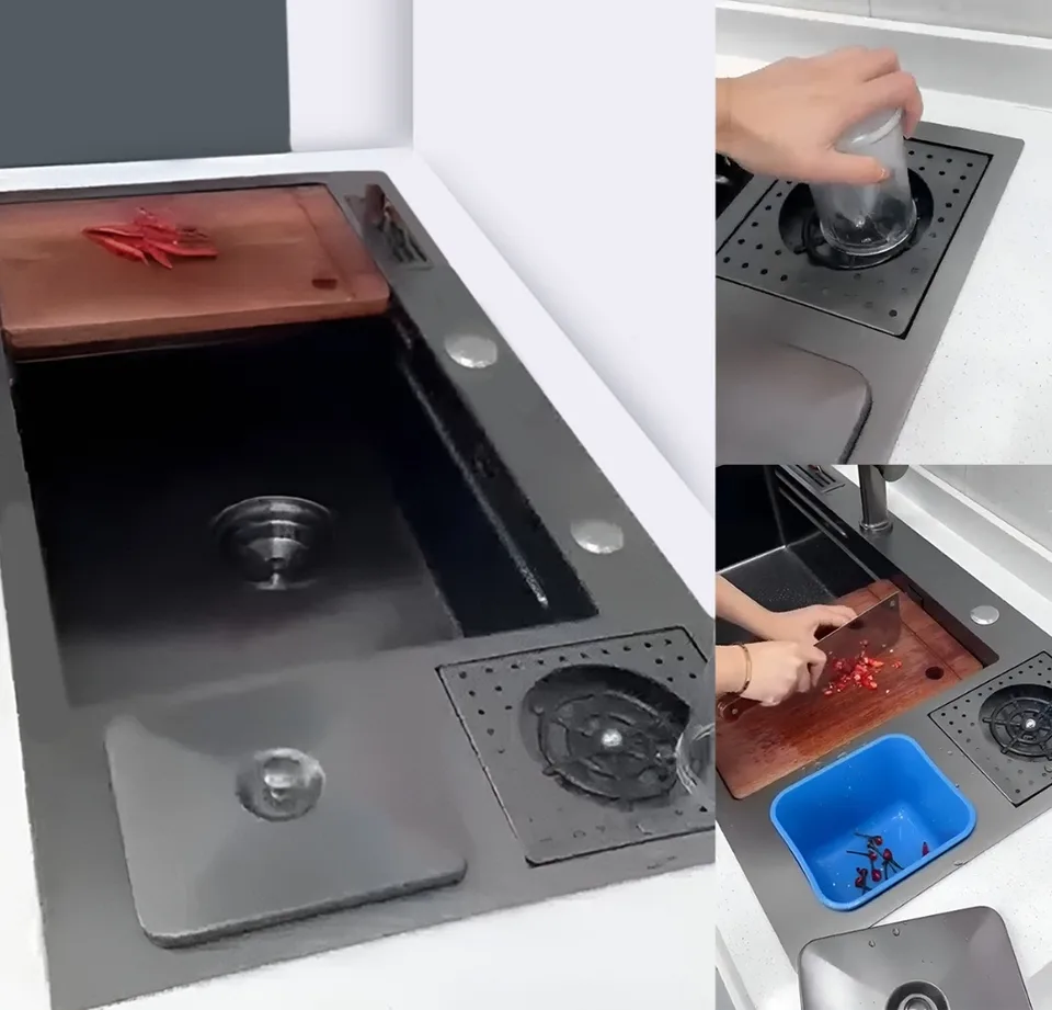 Мойка REDO FRANCO SET-6 BLACK сифон/доска/гастр/мойк.стак/держ.ножей/ведро/крепл 800*460*220мм