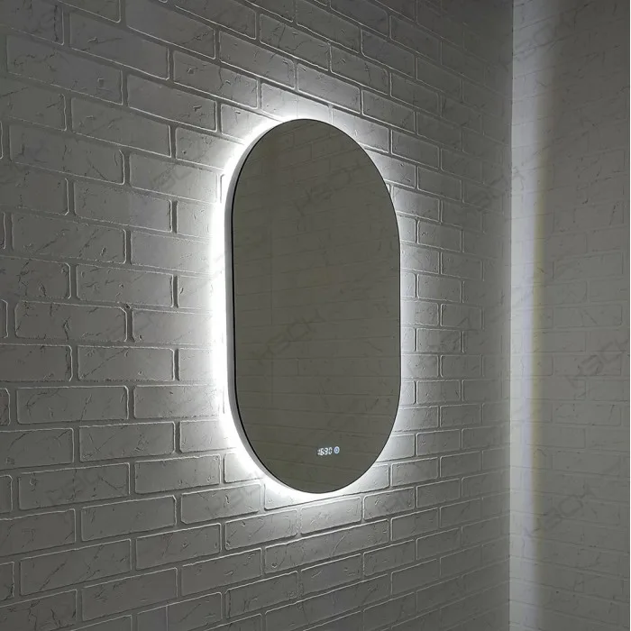 Зеркало  500х800 овальное LED подсветкой 6500К 9,6 Вт/м с сенсор.выкл.и часы в черн алюм проф КЗСК
