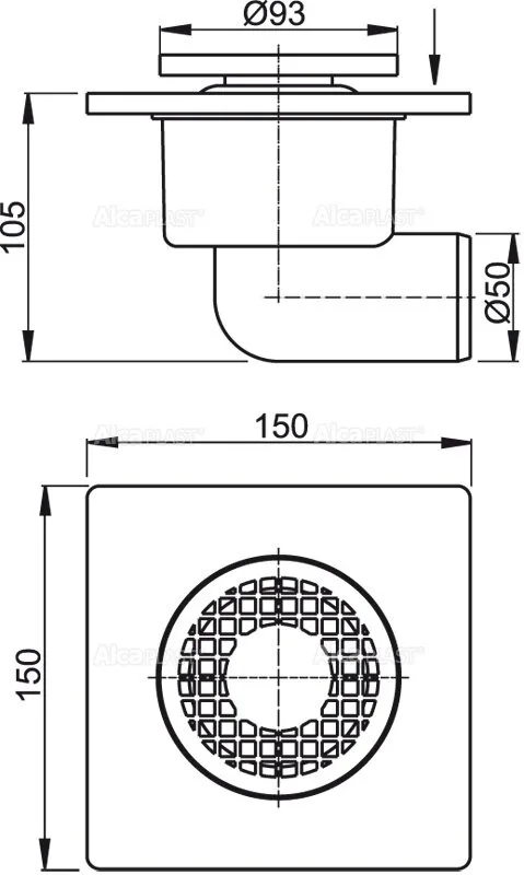 Сливной трап 150x150/50мм с бок. подвод. пластик