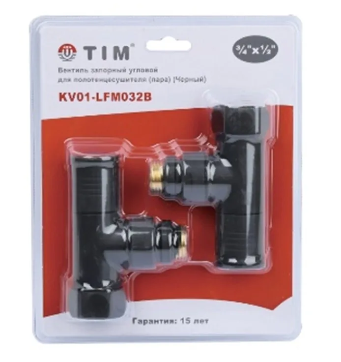 Кран  вентильный  с американкой   TIM   3/4"В - 1/2"Н  угловой, круглый,черный   (1пара/20ящ)