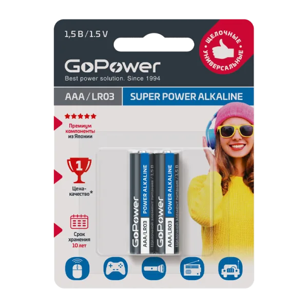 Батарейка GoPower LR03 AAA BL2 Alkaline 1.5V 2шт/уп