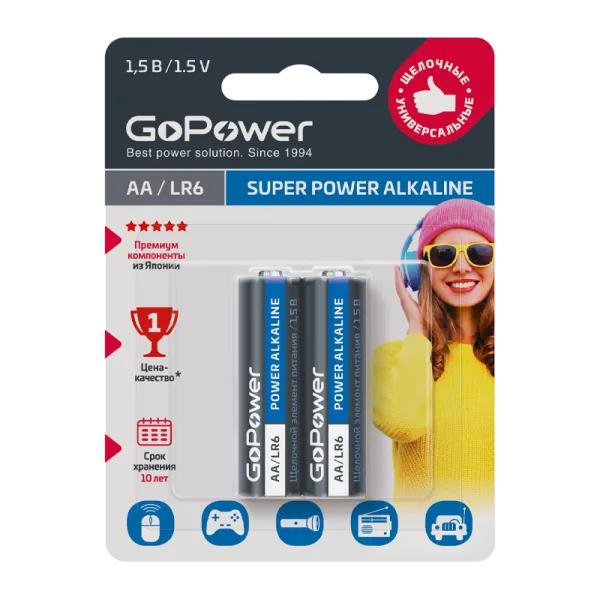 Батарейка GoPower LR6 AA BL2 Alkaline 1.5V 2шт/уп