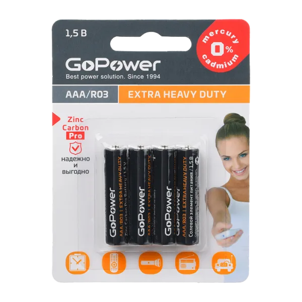 Батарейка GoPower R03 AAA BL4 Heavy Duty 1.5V 4шт/уп
