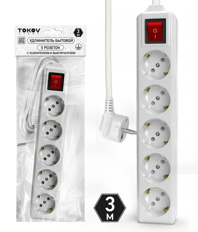 Удлинитель пятиместный 3м с/з с выкл., 3х1.5 10А, белый, TOKOV LIGHT