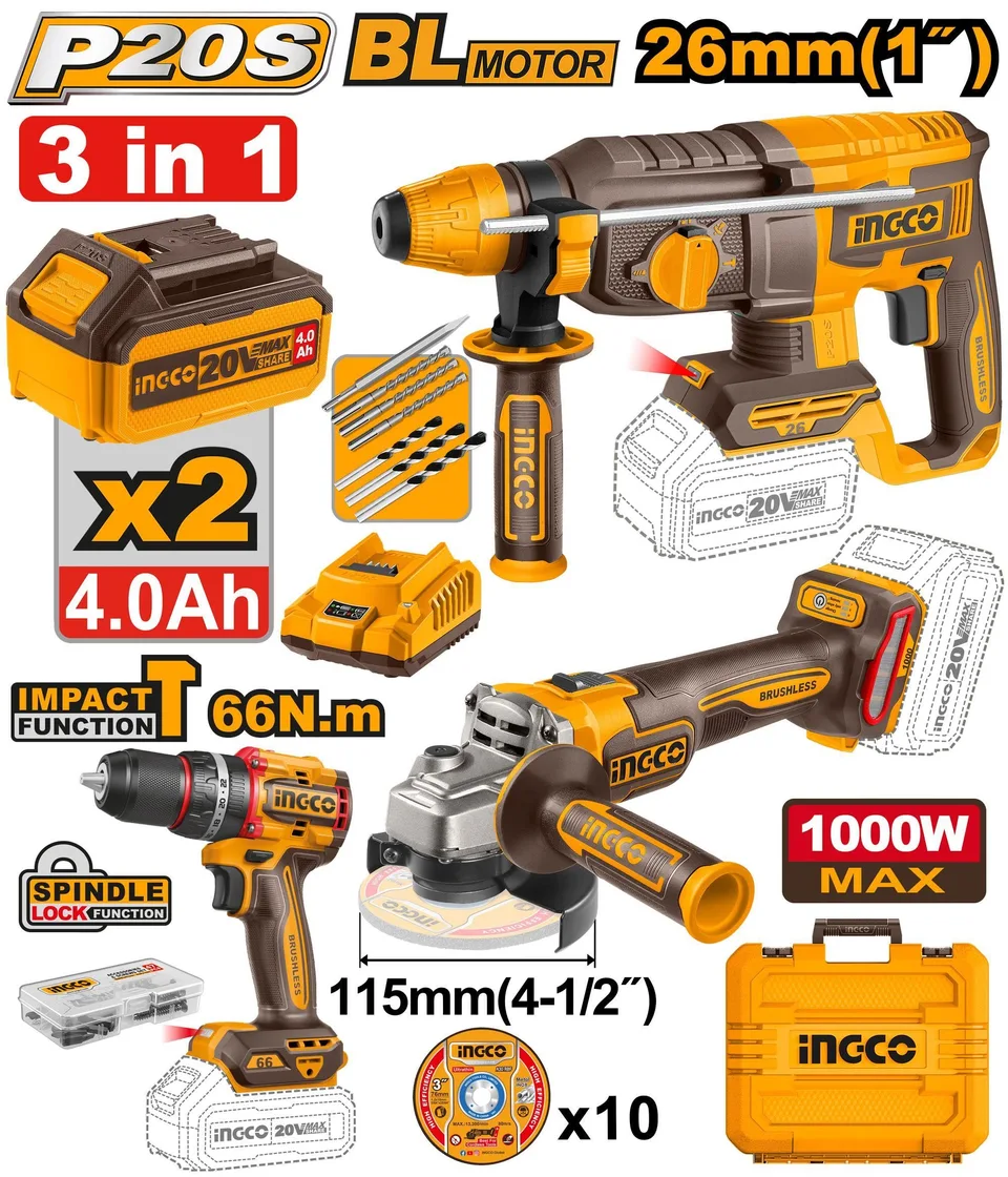 Набор аккум. инструмента 3 в 1 (шуруповёрт, перфоратор, УШМ) INGCO COSLI241198 INDUSTRIAL