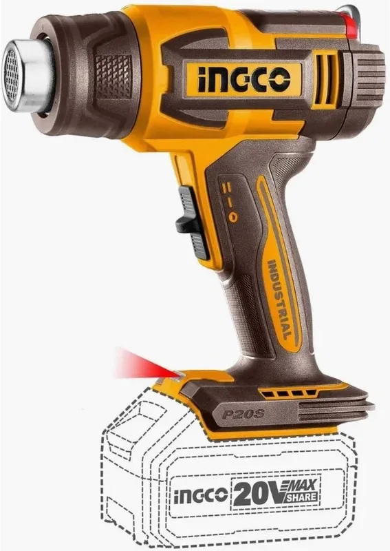 Фен строительный аккум. 20V MAX INGCO INDUSTRIAL (20В, 30-300/30-550°C, ЖК-дисплей, без АКБ и ЗУ)