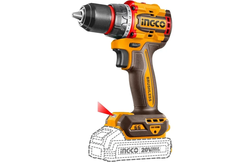 Шуруповерт аккум. INGCO INDUSTRIAL Б/Щ 20V MAX (66Нм, патрон металл 13мм, 2 АКБ, ЗУ, КЕЙС)