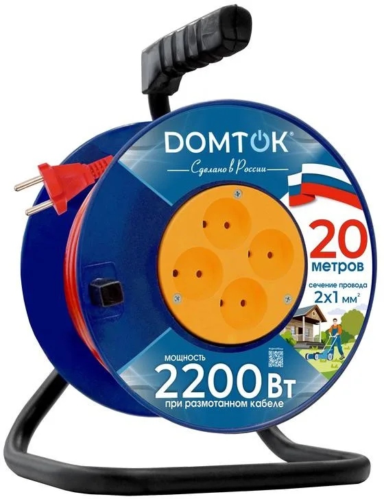 Удлинитель на катушке 4х20м без заземл. 10А IP20 2.2кВт ПВС 2х1 DOMTOK