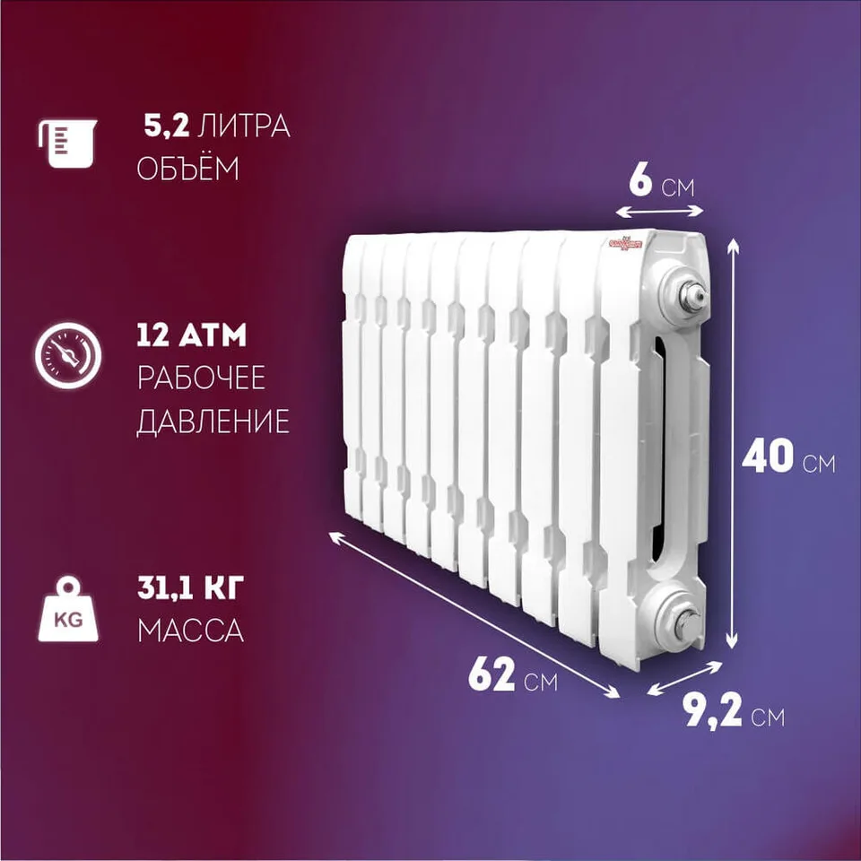 Радиатор чугунный модель KONNER Модерн-300",( 10 секций с монтажным комплектом)